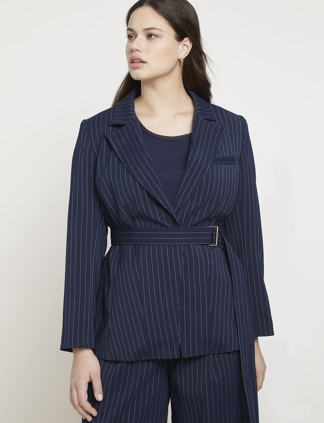 Jason Wu/ELOQUII Pinstripe Belted Blazer | Women's Plus Size Coats + Jackets | ELOQUII | Eloquii