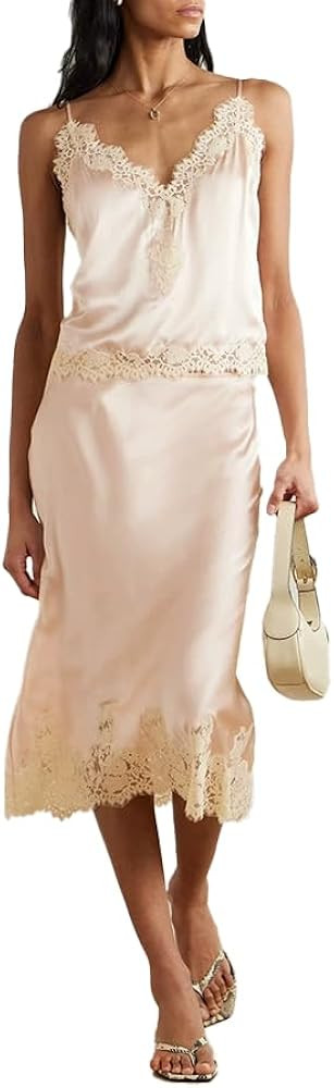THLAI Casual Women 2 Piece Skirt Sets Lace-Trimmed Spaghetti Strap Top & Midi Skirt Loungewear Se... | Amazon (US)