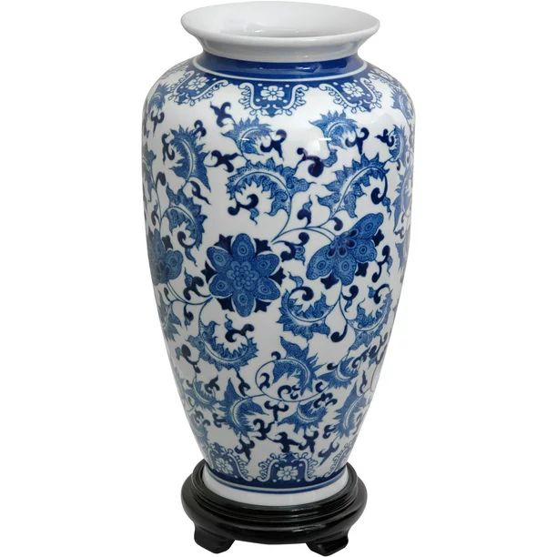 Oriental Furniture 14" Floral Blue & White Porcelain Tung Chi Vase | Walmart (US)
