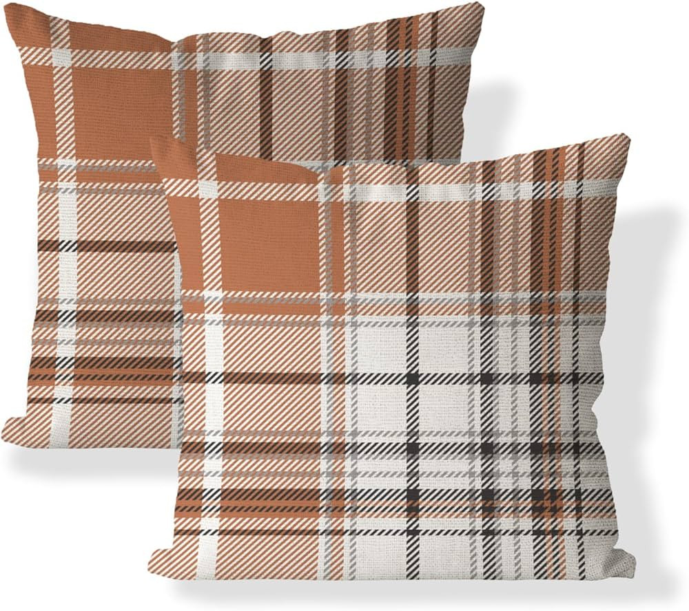 Set of 2 Fall Pillow Covers Autumn Decorative Throw Pillow Cases 20x20 Inch Orange Grey Plaids Cu... | Amazon (US)