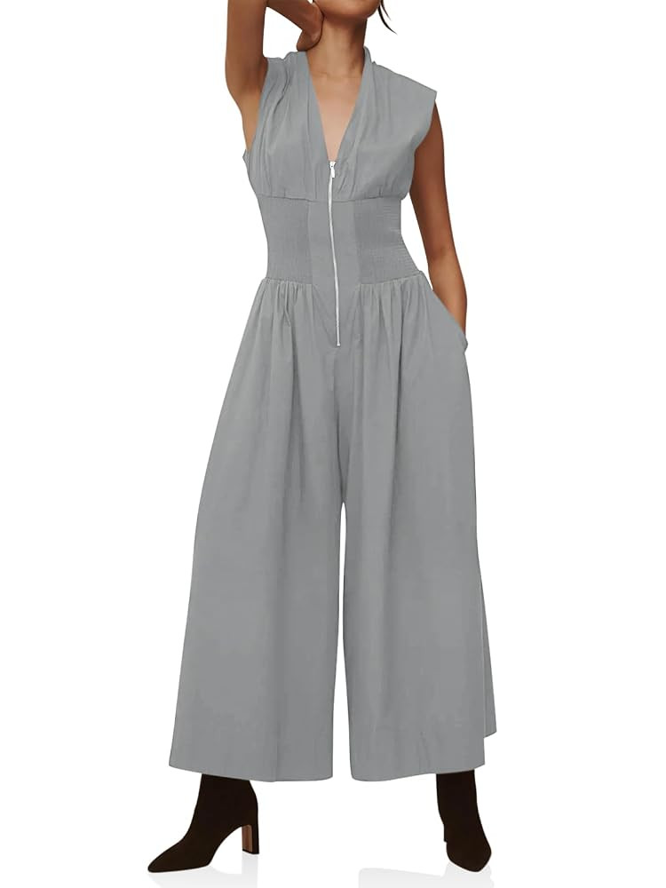 Cicy Bell Womens V Neck Casual Dressy Jumpsuits Smocked Zip Up Sleeveless Wide Leg Jumpsuit Summe... | Amazon (US)