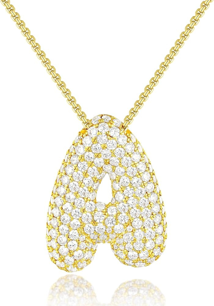 KissYan Bubble Letter Necklace, 14K Gold Plated Balloon Initial Pendant Box Chain Necklace Dainty... | Amazon (US)