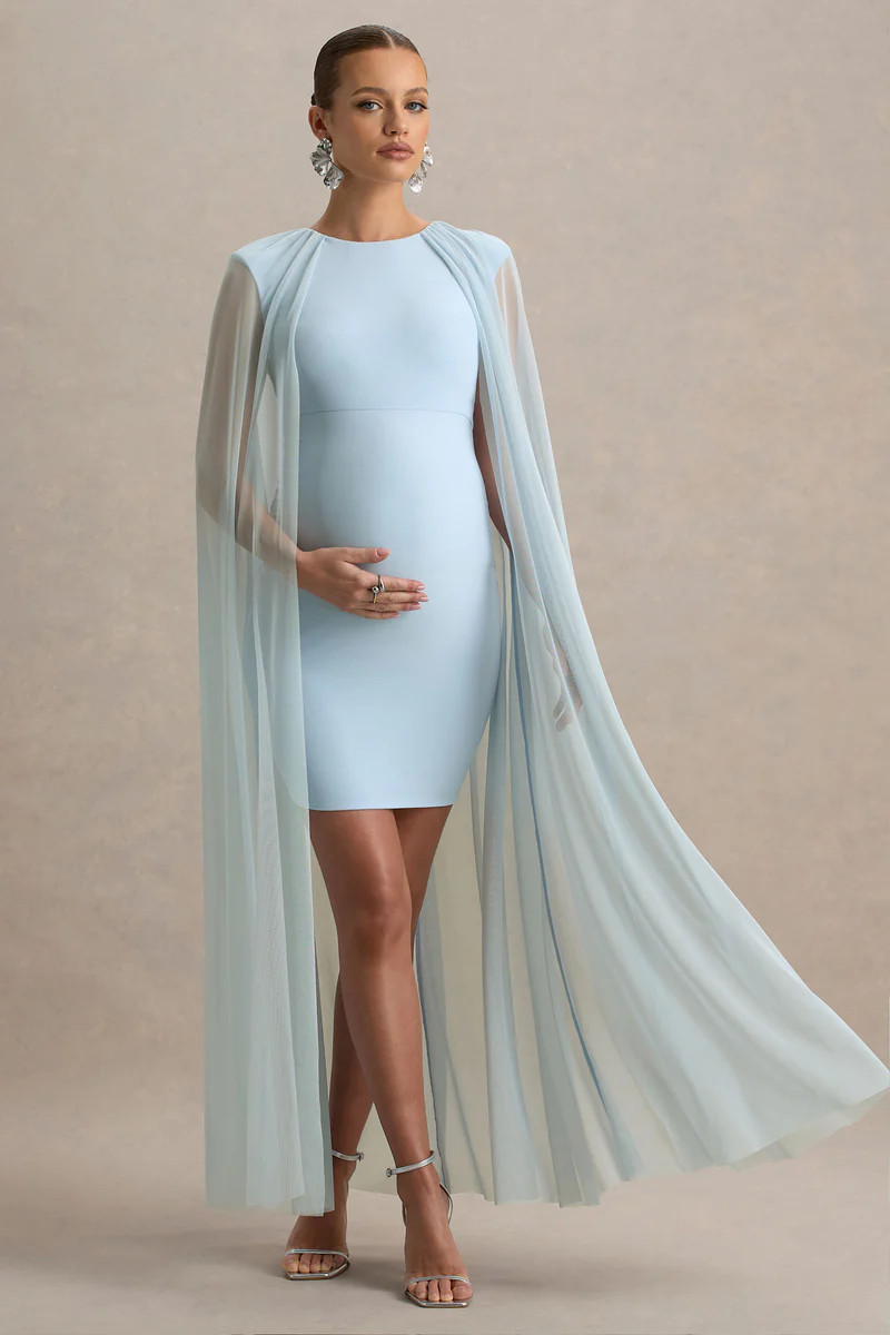 Charlene  Powder Blue High-Neck Maternity Mini Dress With Mesh Cape | Club L London
