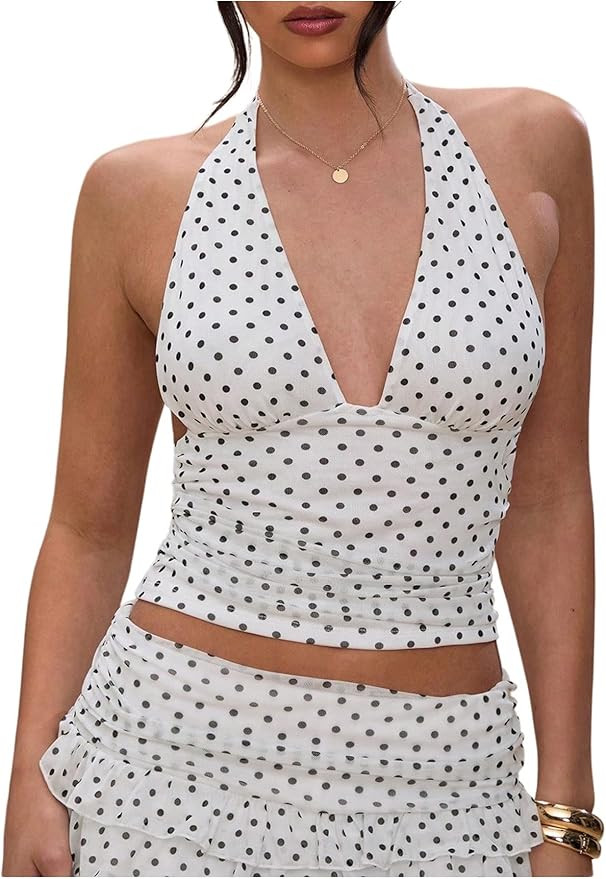 Milumia Women's Polka Dots Tie Backless Mesh Halter Crop Top Deep V Neck Ruched Party Club Tank T... | Amazon (US)