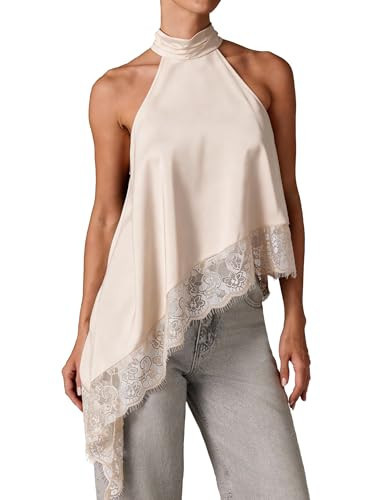 Women Satin Cream Halter Neck Sleeveless Top Asymmetrical Lace Hem Classy Cute Fashion Tank Tops Cream Color Size Small | Amazon (US)