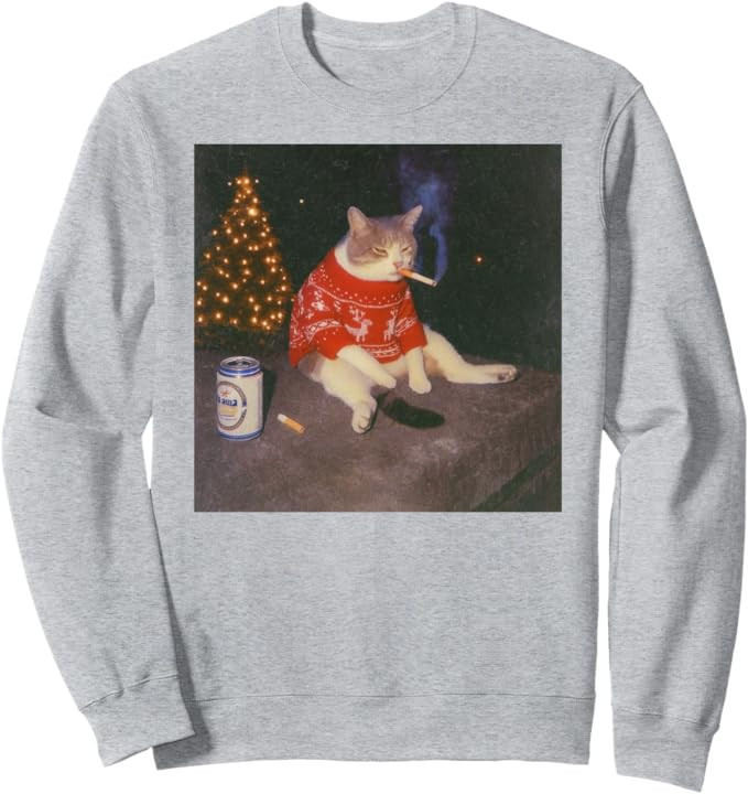 Funny Christmas Smoking Cat Meme Merry Christamas Sweatshirt | Amazon (US)