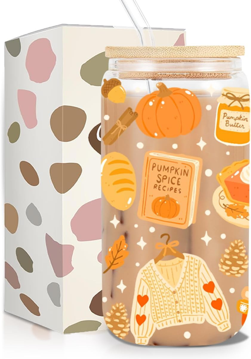 kdxpbpz Fall Pumpkin Spice Iced Coffee Cup, Halloween Glass Tumbler, 16 oz Autumn Coffee Glass Cup with Lid Straw, Boo Basket Stuffers, Halloween Thanksgiving Gifts for Women | Amazon (US)