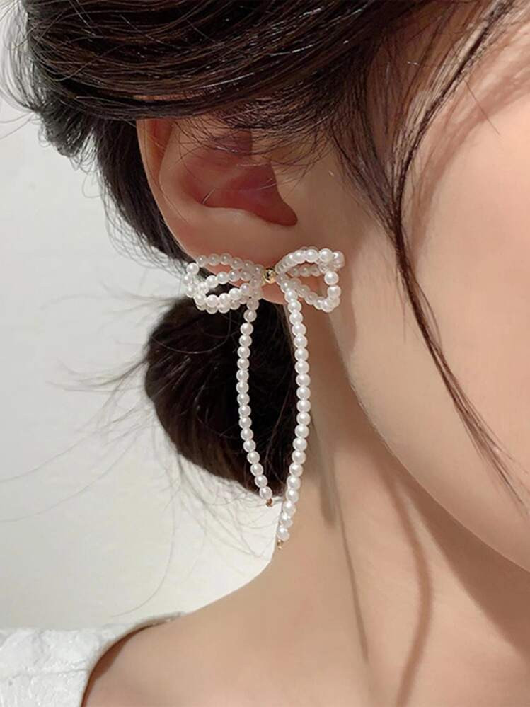 Andkiss 1pair Bow & Faux Pearl Tassel Earrings Suitable For Women Valentines,Mom,Mother,Mother's Day,Gift | SHEIN