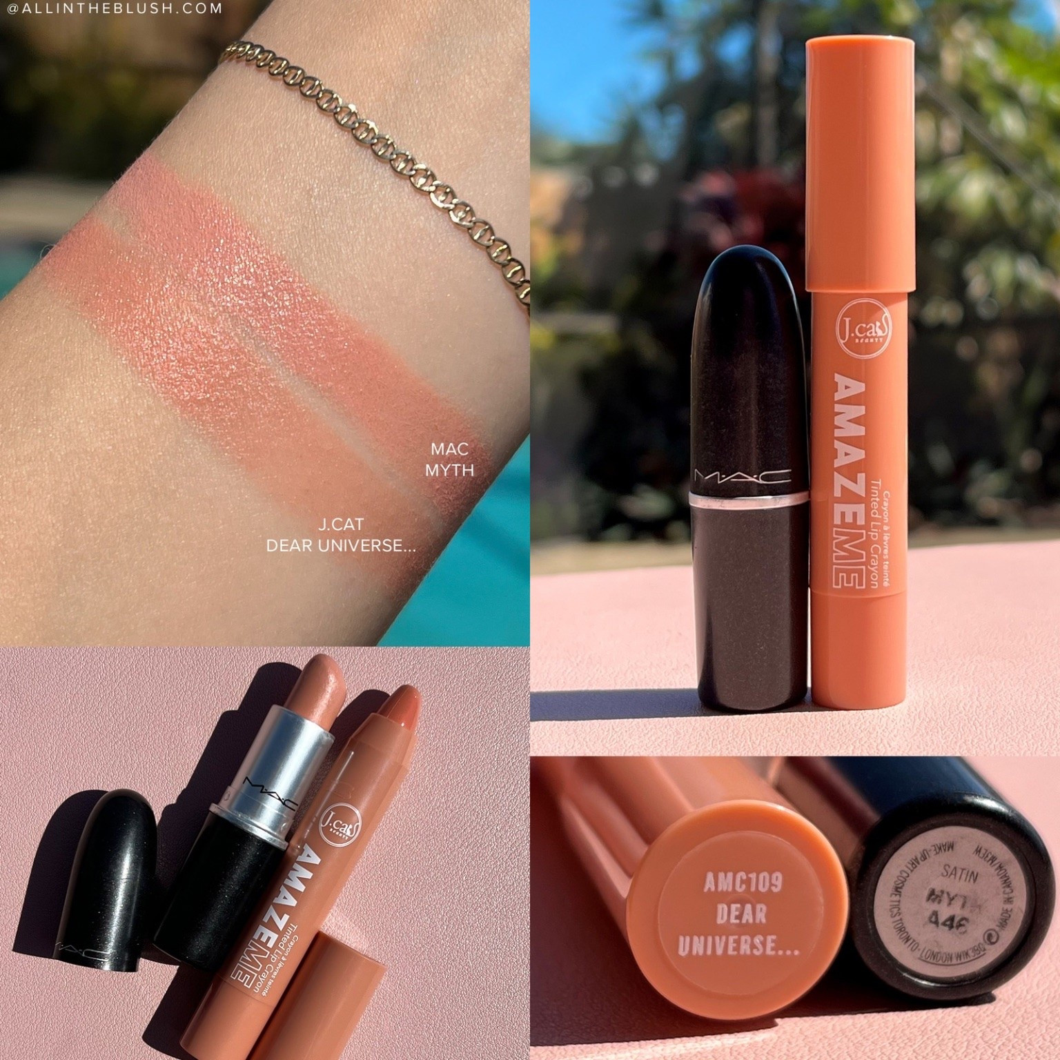Swatch comparisons between MAC Myth Lipstick (original) & J.Cat Beauty Amazeme Tinted Lip Crayon in “Dear Universe…”

#LTKBeauty #LTKSaleAlert #LTKgrwm