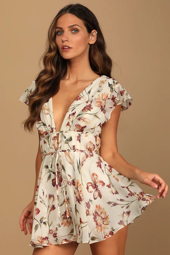 Flirty Ways Cream Floral Print Flutter Sleeve Romper | Lulus (US)