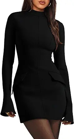 OFEEFAN Women's Fall Long Sleeve Mock Neck Dress Basic Party Club Bodycon Mini Dresses | Amazon (US)