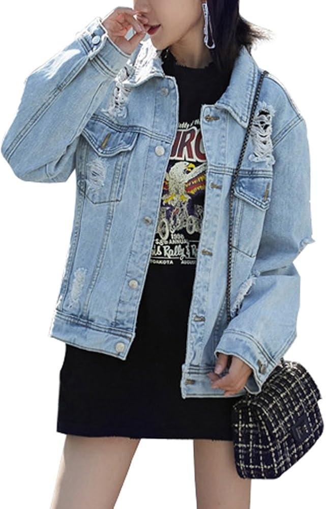 Oversize Denim Jacket for Women Ripped Jean Jacket Boyfriend Long Sleeve Coat | Amazon (US)