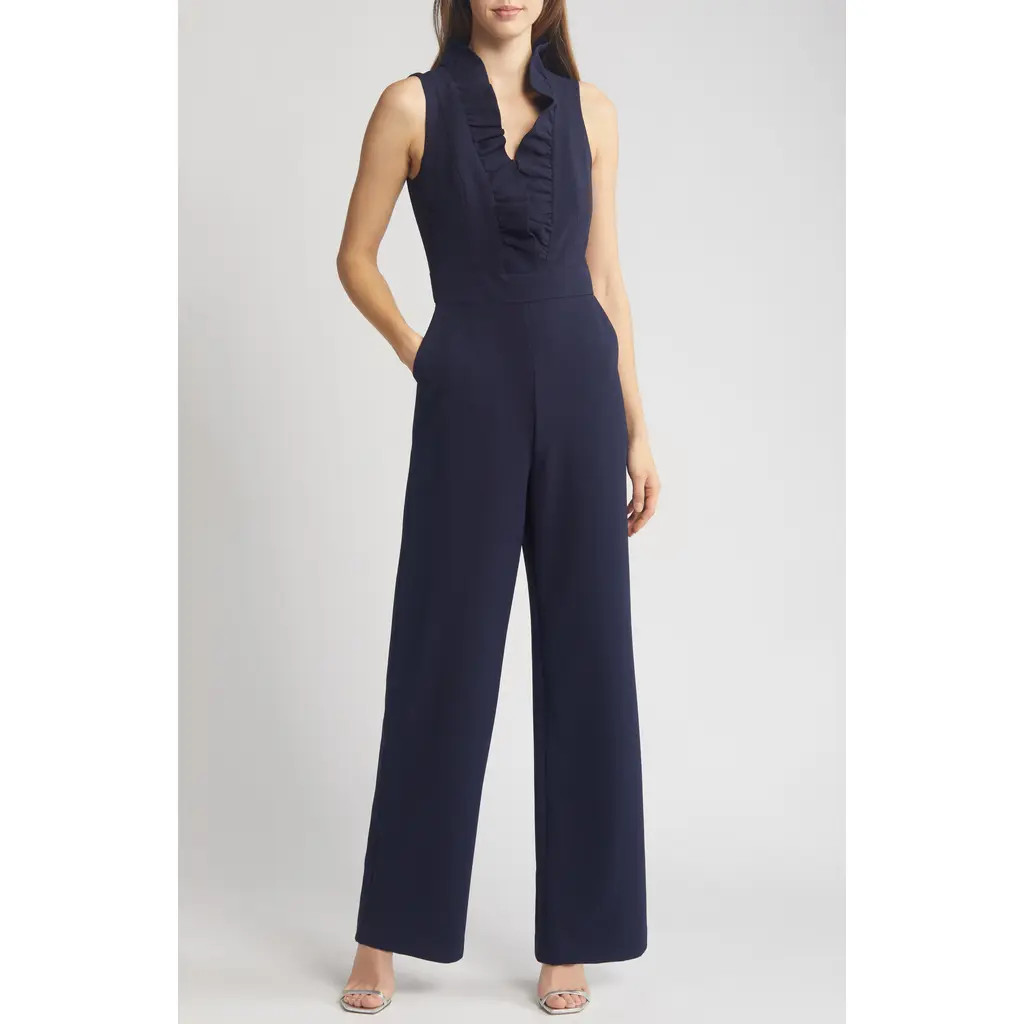 Eliza J Ruffle Neck Jumpsuit in Navy at Nordstrom, Size 4 | Nordstrom