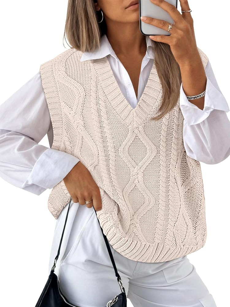 Trendy Queen Women' s Oversized V Neck Sweater Vest Sleeveless Cable Knit Casual Pullover Tops | Amazon (US)