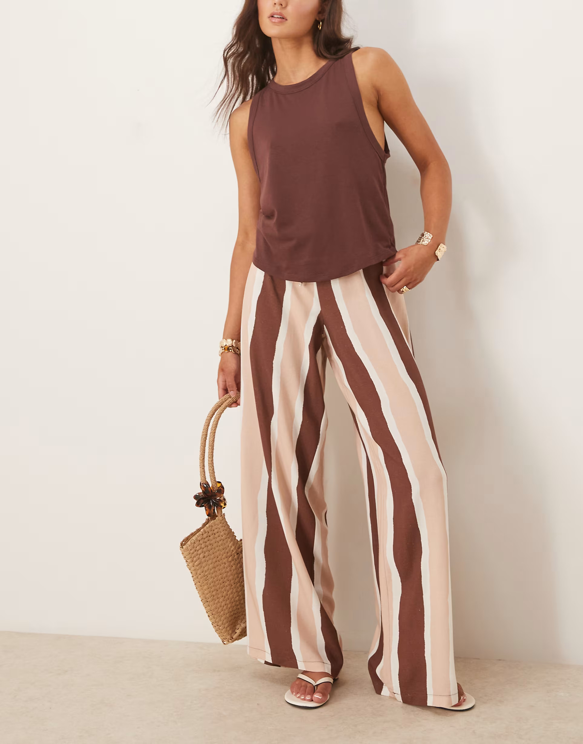 ASOS DESIGN linen blend pull on trouser in brown wide stripe | ASOS | ASOS (Global)