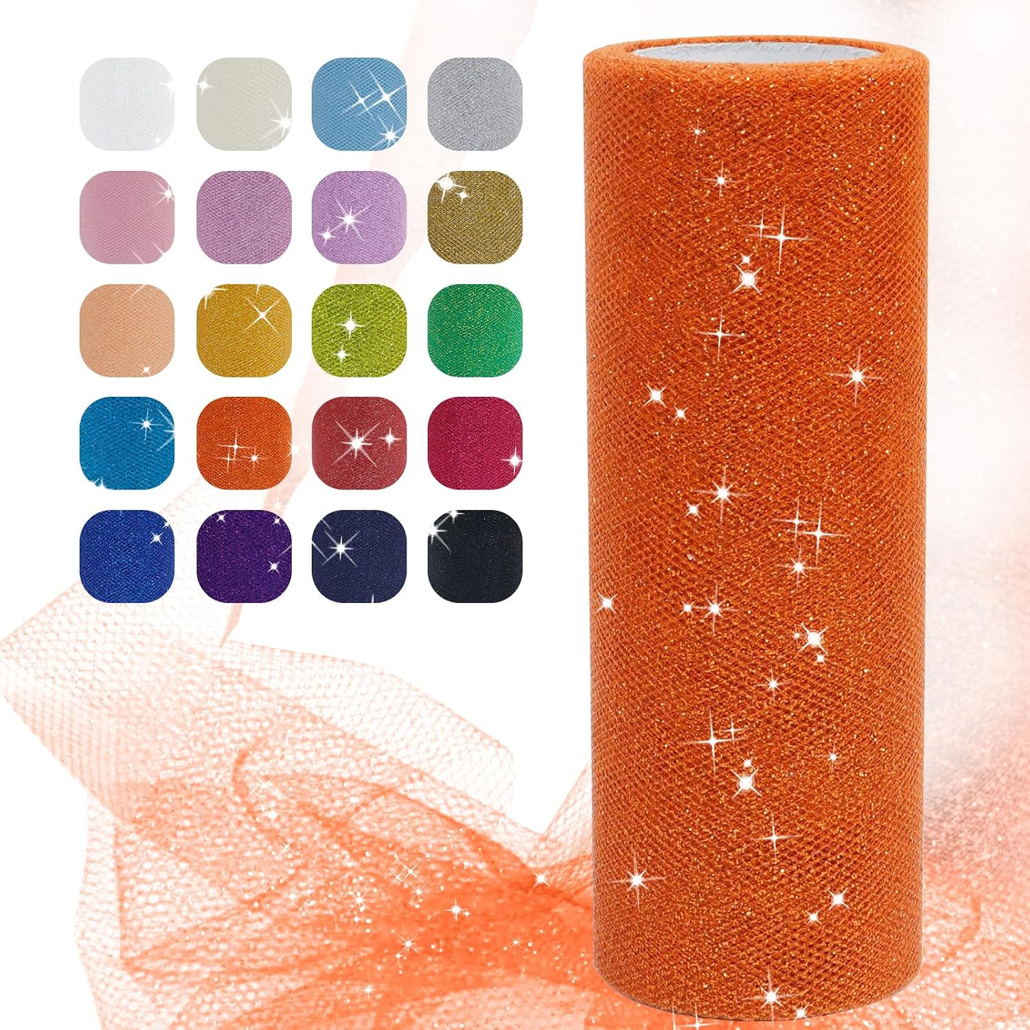 JeogYong Orange Glitter Tulle Roll, 6" x 25 Yards Polyester Netting Fabric Tulle Ribbon DIY Fabrics for Tutu Skirts Dress Wedding Party Decor Gift Wrapping Craft Supplies | Amazon (US)