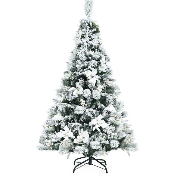 Costway 5ft/6ft/7ft/8ft Snow Flocked Hinged Christmas Tree w/ Berries & Poinsettia Flowers | Target