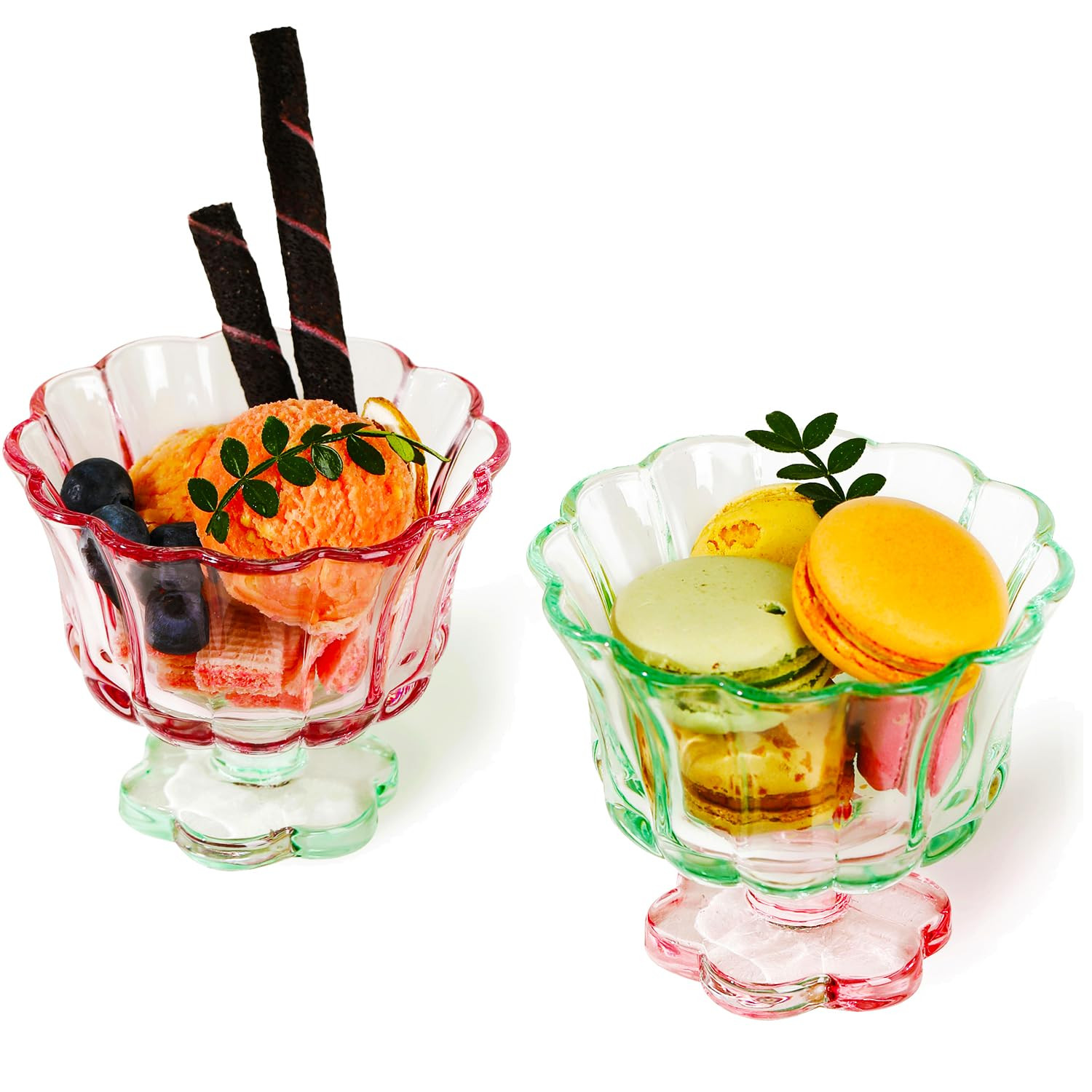 Ice Cream Bowls Drinking Glass Cups Set of 2 (Pink & Green), Flower Petal Style Glasses, 8.5oz, S... | Amazon (US)