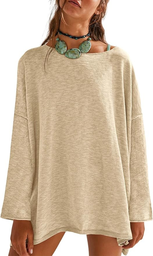 Tankaneo Womens Long Sleeve Shirts Oversized Lightweight Sweaters Crewneck Side Slit Hem Casual B... | Amazon (US)