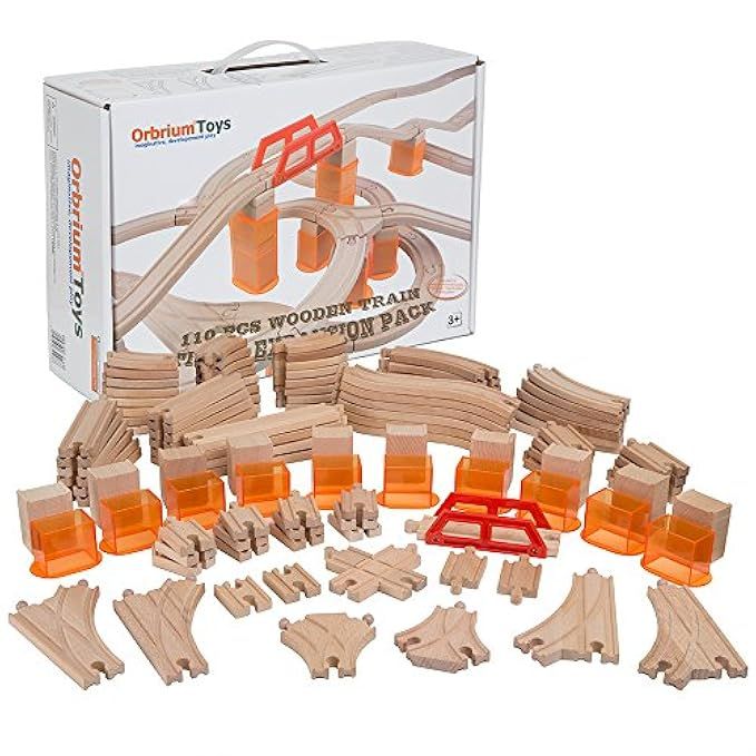 Orbrium Toys Multi-level 110 Piece Wooden Train Bulk Track Expansion Pack with Stackable Track Riser | Amazon (US)