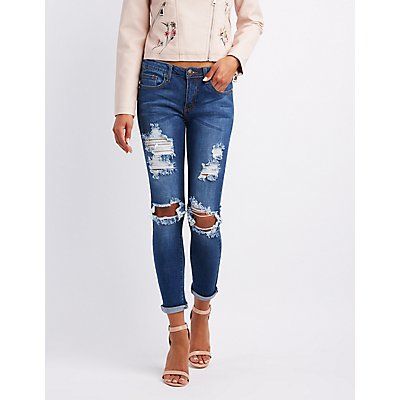 Machine Jeans Destroyed Mid-Rise Skinny Jeans | Charlotte Russe