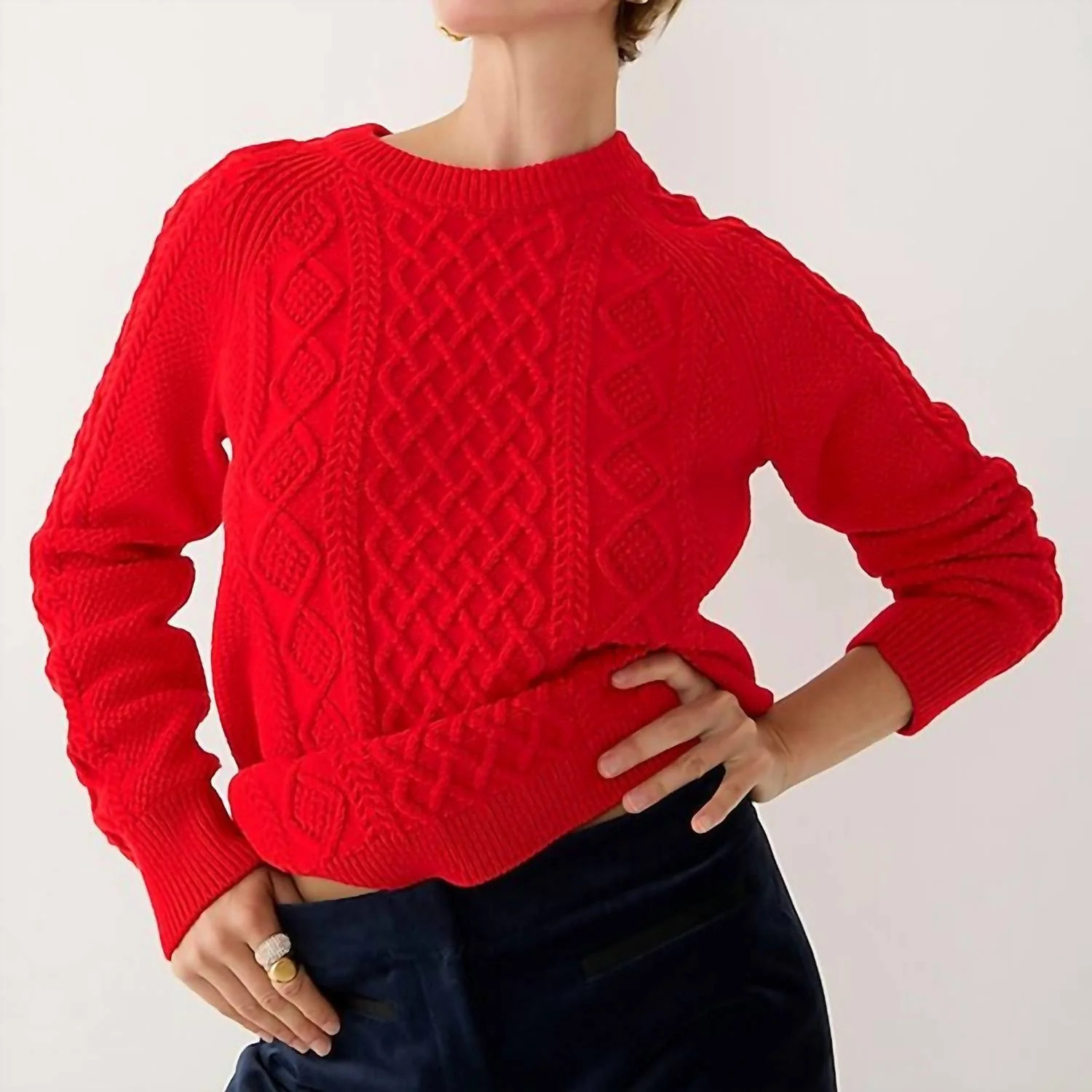 Cotton Cable Knit Sweater In Red | Shop Simon
