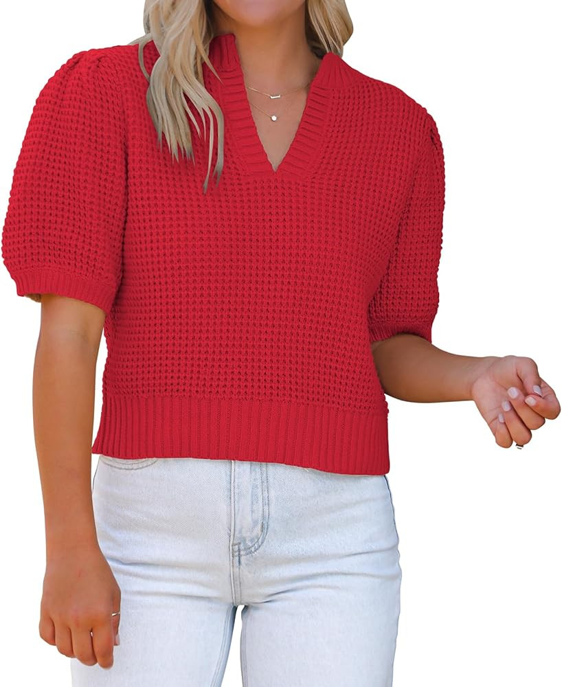 Hacikis Womens V Neck Waffle Knit Cropped Sweaters Puff Short Sleeve Summer Casual Sweater Tops S... | Amazon (US)