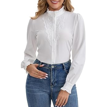 Women's Lace Crochet Mock Neck Long Sleeve Button Down Elegant Blouse Shirt Fall Top | Amazon (US)
