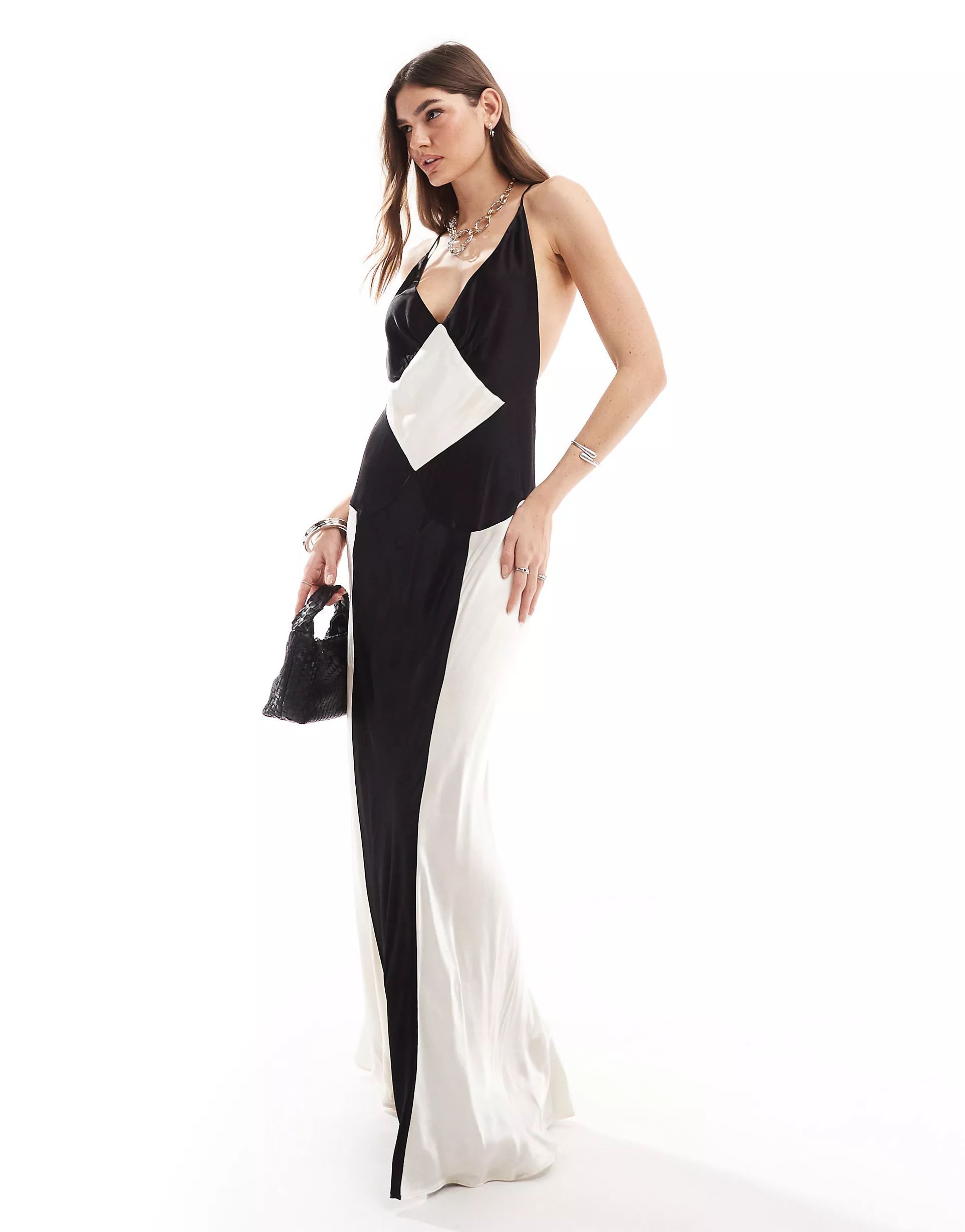 Bardot satin contrast maxi dress in monochrome | ASOS (Global)