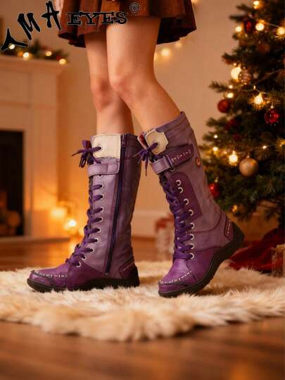 Local1 Pair Of TMA EYES Winter Fashion Purple Low-Top Plus Size Side Zipper Fleece-Lined Women's Mid-Calf Boots Casual Outdoor Commuter Holiday | SHEIN