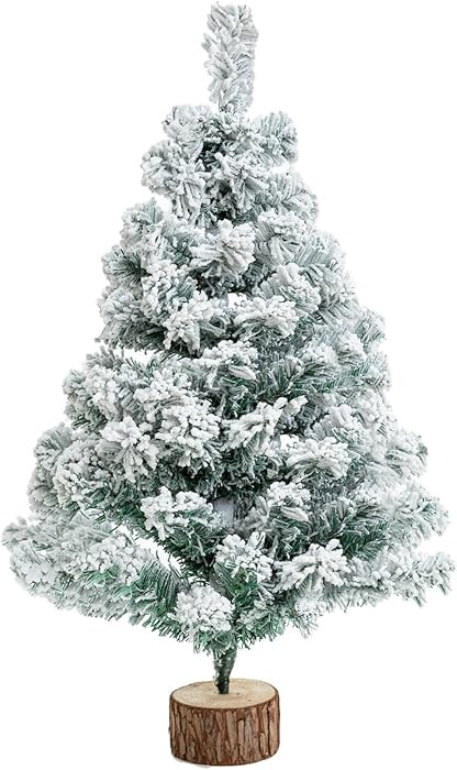 2FT Artificial Christmas Tree Green Tabletop Christmas Tree with Wooden Stand Snow Flocked Mini X... | Amazon (US)
