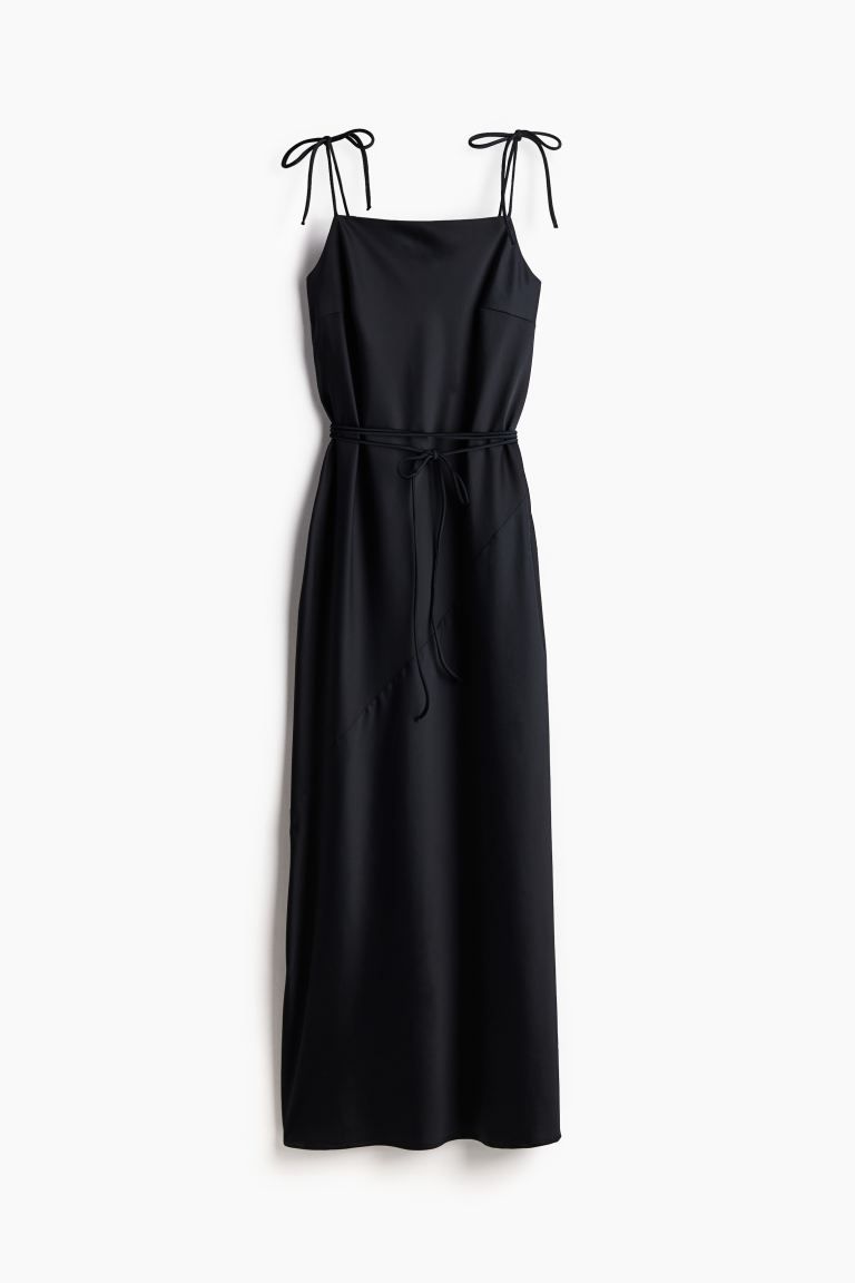 Tie-detail Satin Slip Dress - Square Neckline - Sleeveless - Black - Ladies | H&M US | H&M (US + CA)