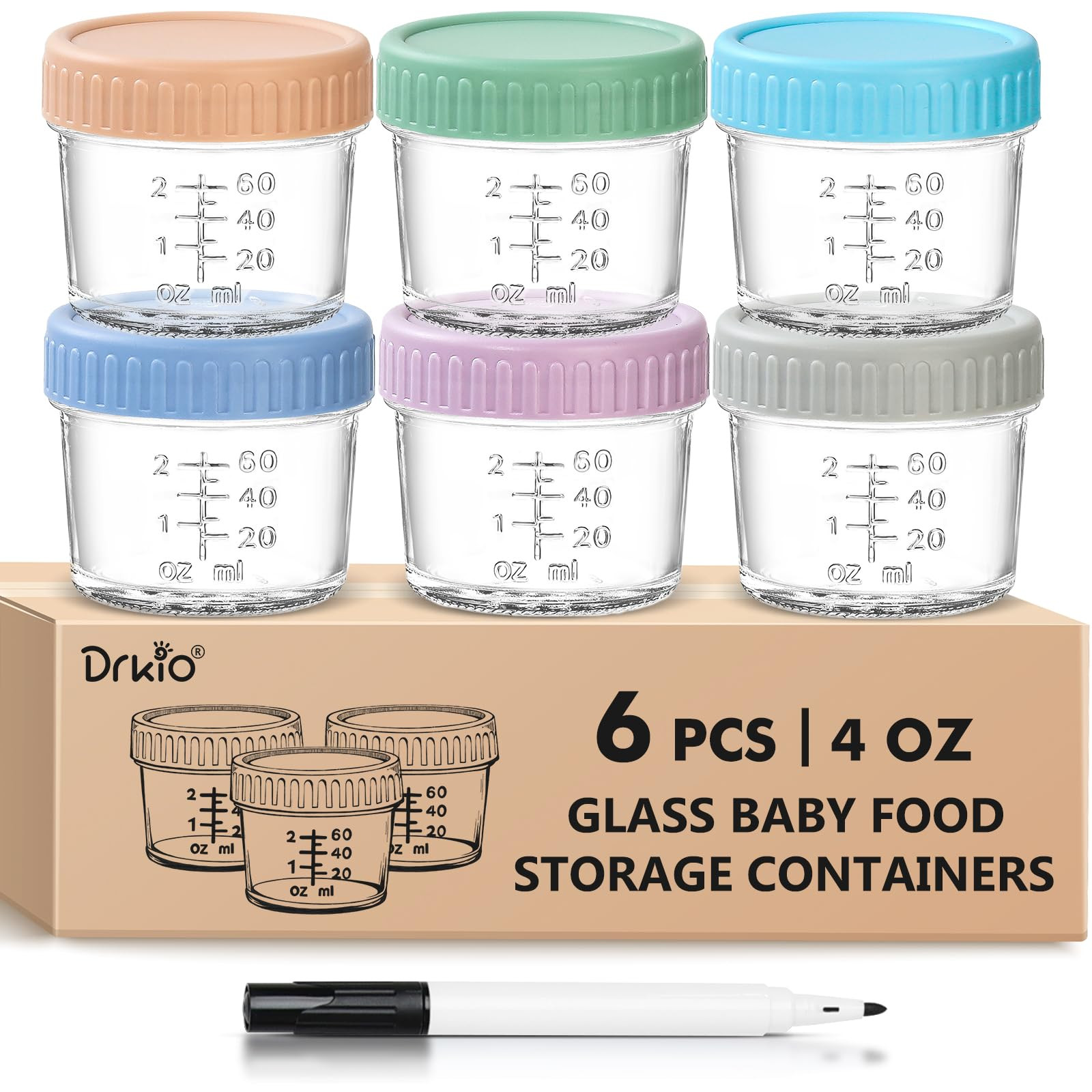 DRKIO 6 Pack Glass Baby Food Storage Containers - 4 Oz Baby Food Jars with Lids Baby Food Maker M... | Amazon (US)