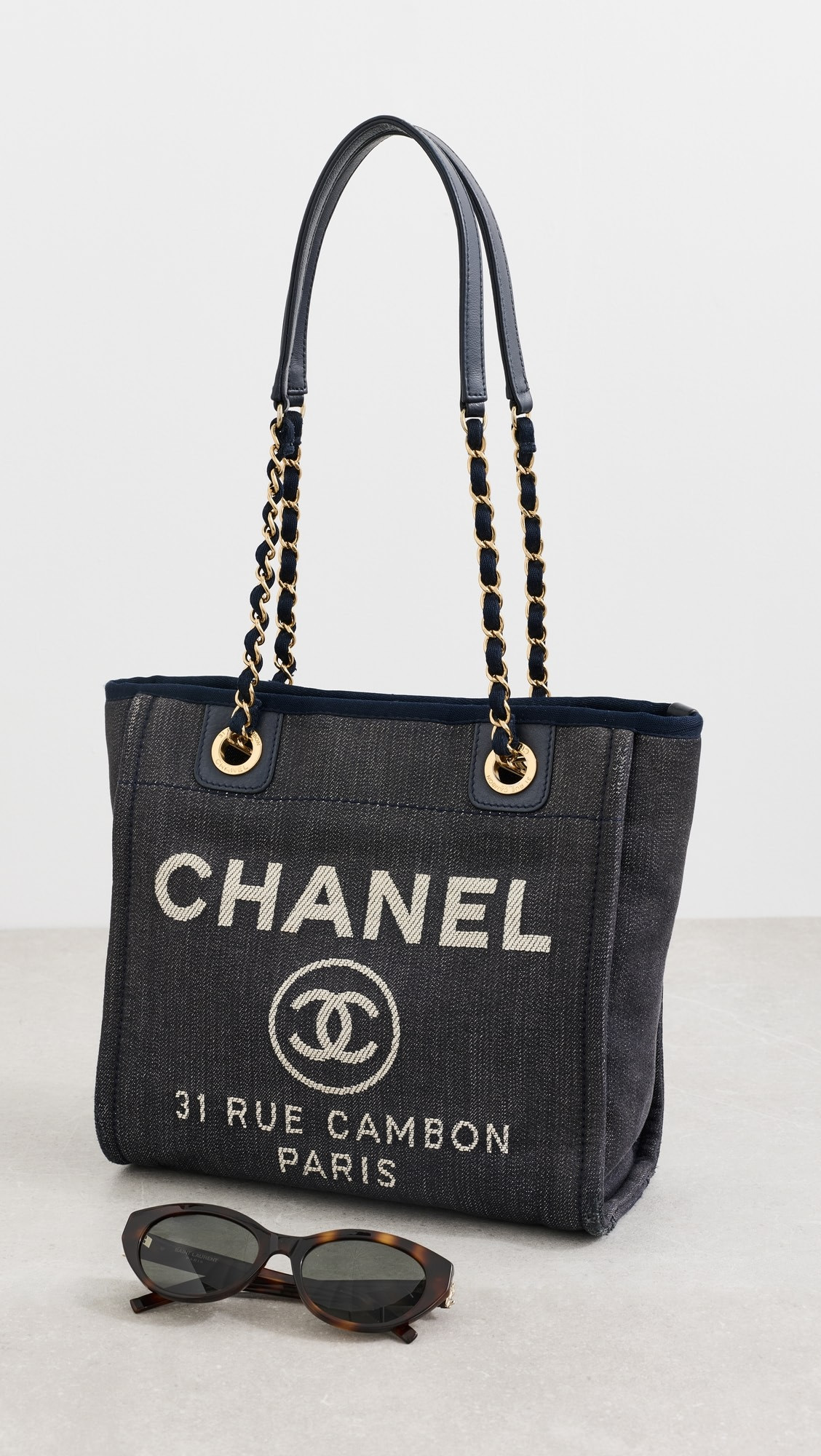 Chanel Navy Denim Deauville Mini Tote | Shopbop