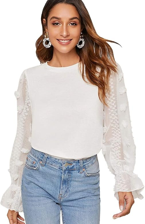Romwe Women's Casaul Mesh Long Sleeve Round Neck Solid Blouse Top Tee | Amazon (US)