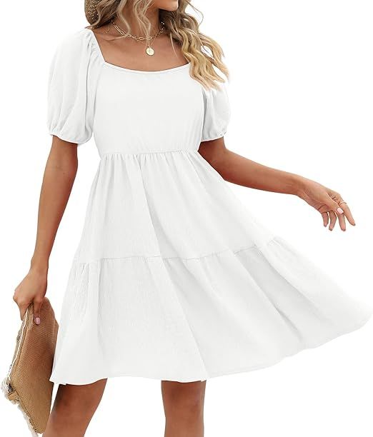 Womens Dresses Square Neck Puff Sleeve Casual Loose Spring A-Line Dresses | Amazon (US)