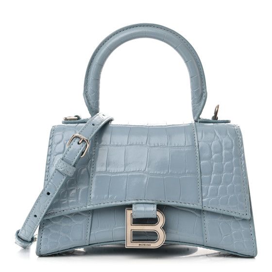 Shiny Calfskin Crocodile Embossed Hourglass Top Handle Bag XS Blue Grey | FASHIONPHILE (US)