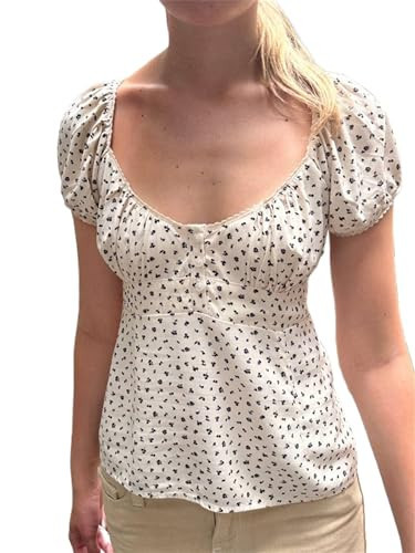 Sunloudy Fairy Grunge Crop Top for Women Short Cap Sleeve Lace Trim T-Shirt Low Cut Vintage Aesthetic Babydoll Tee Streetwear (Mixed Color, XL) | Amazon (US)