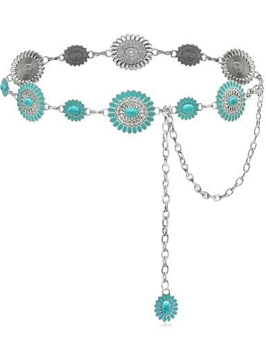 Xiokyo Turquoise Belt Silver Western Chain Belt for Women, Cowgirl Concho Style with Turquoise Embellishment, Fits Low Waist 2630'' (43'' Total) | Amazon (US)