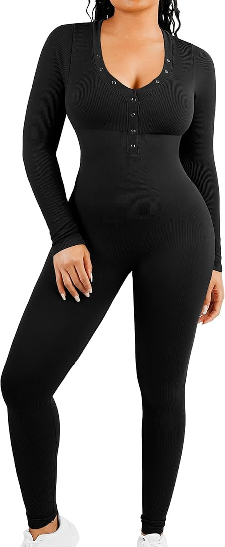 FeelinGirl Women's Long Sleeve V-neck Bodycon Jumpsuit One-piece Seamless Ribbed Romper Long Skin... | Amazon (US)