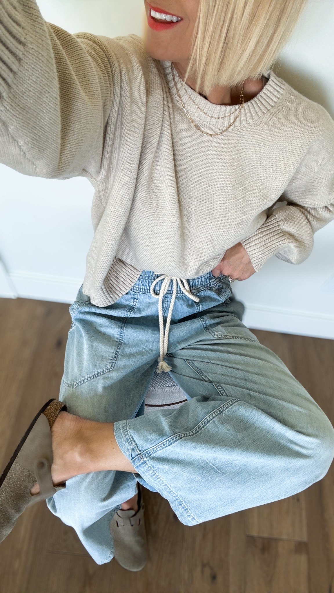 Easy neutral, summer outfit idea — love this sweater layered over a t-shirt for chilly mornings or evenings! A few of my favorites in one look. 
I have a couple of these sweaters — i sized up to a large in this one for an extra oversized look.
Pull on jeans fit big, wearing a small 

#LTKActive #LTKSummerEdit #LTKFindsUnder50