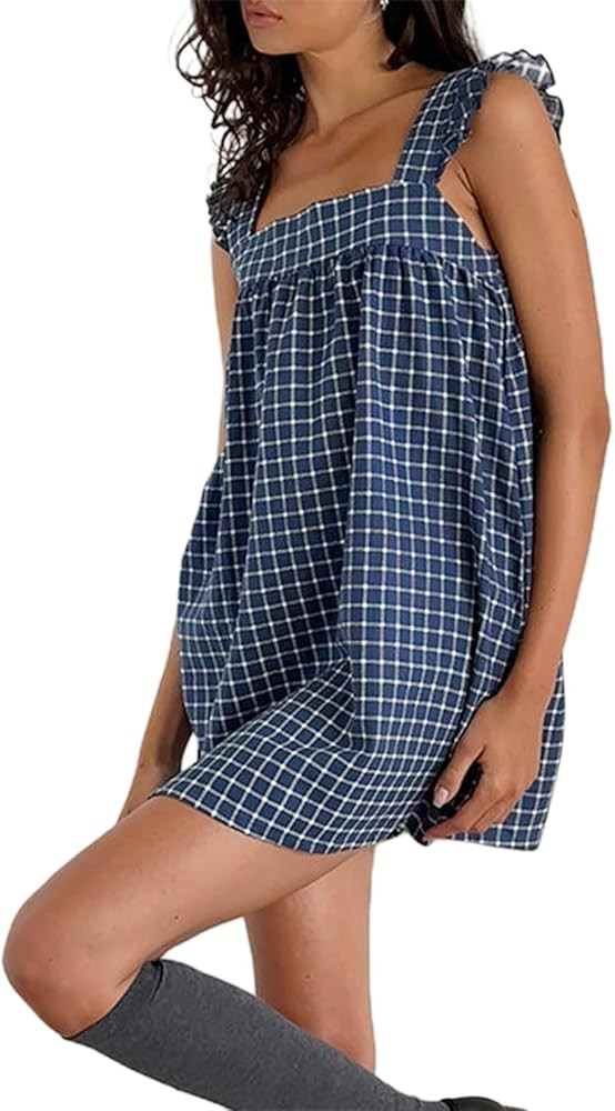 NUFIWI Y2K Ruffle Hem Babydoll Mini Dresses Square Neck Spaghetti Strap Short Dresses Boho Flowy ... | Amazon (US)