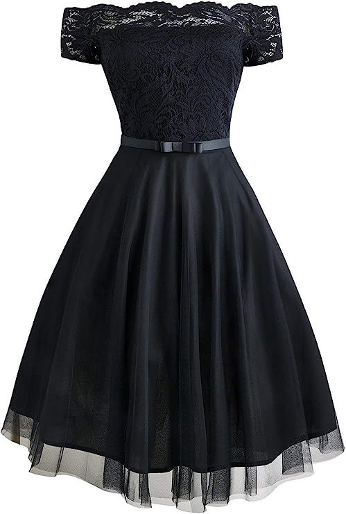 retro stage Women's 1950s Belted Off Shoulder Lace Vintage Dress Prom Swing Cocktail Party Dress ... | Amazon (US)