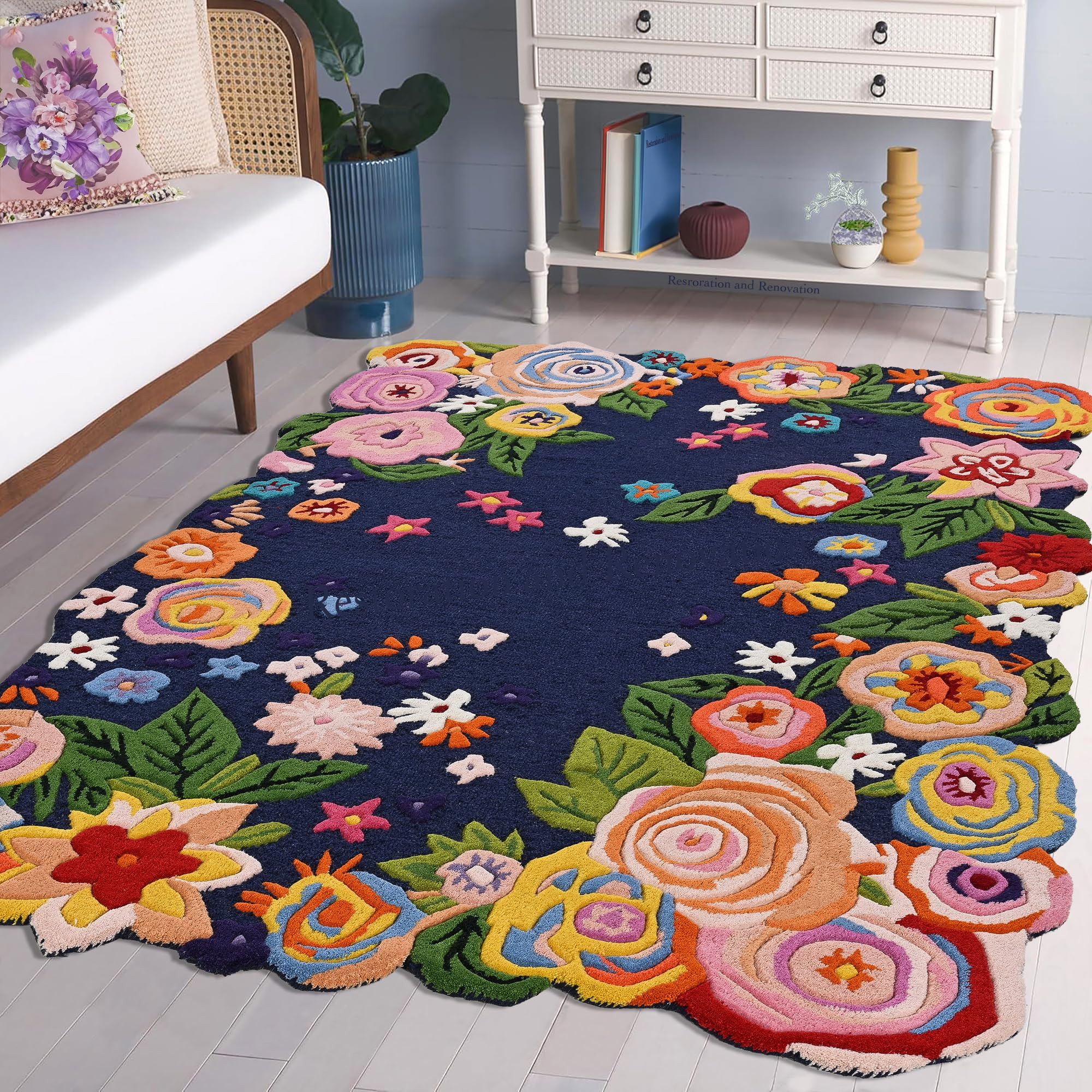 Handmade Colorful Roses Floral Wool Area Rug | Irregular Shape, Blossom & Vibrant Multi-Colored G... | Amazon (US)