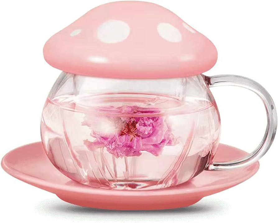 Aboyer Mushroom Cup Cute Glass Tea Cup with Infuser and Lid Kawaii Mushroom Mug Set Coffee Teapot... | Amazon (US)