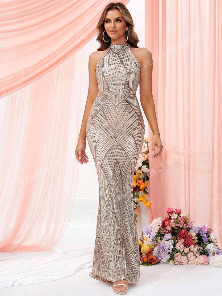 LOVE&LEMONADE Halter Neck Mermaid Hem Sequin Prom Dress Elegant Formal Evening Wedding Guest Gown... | SHEIN