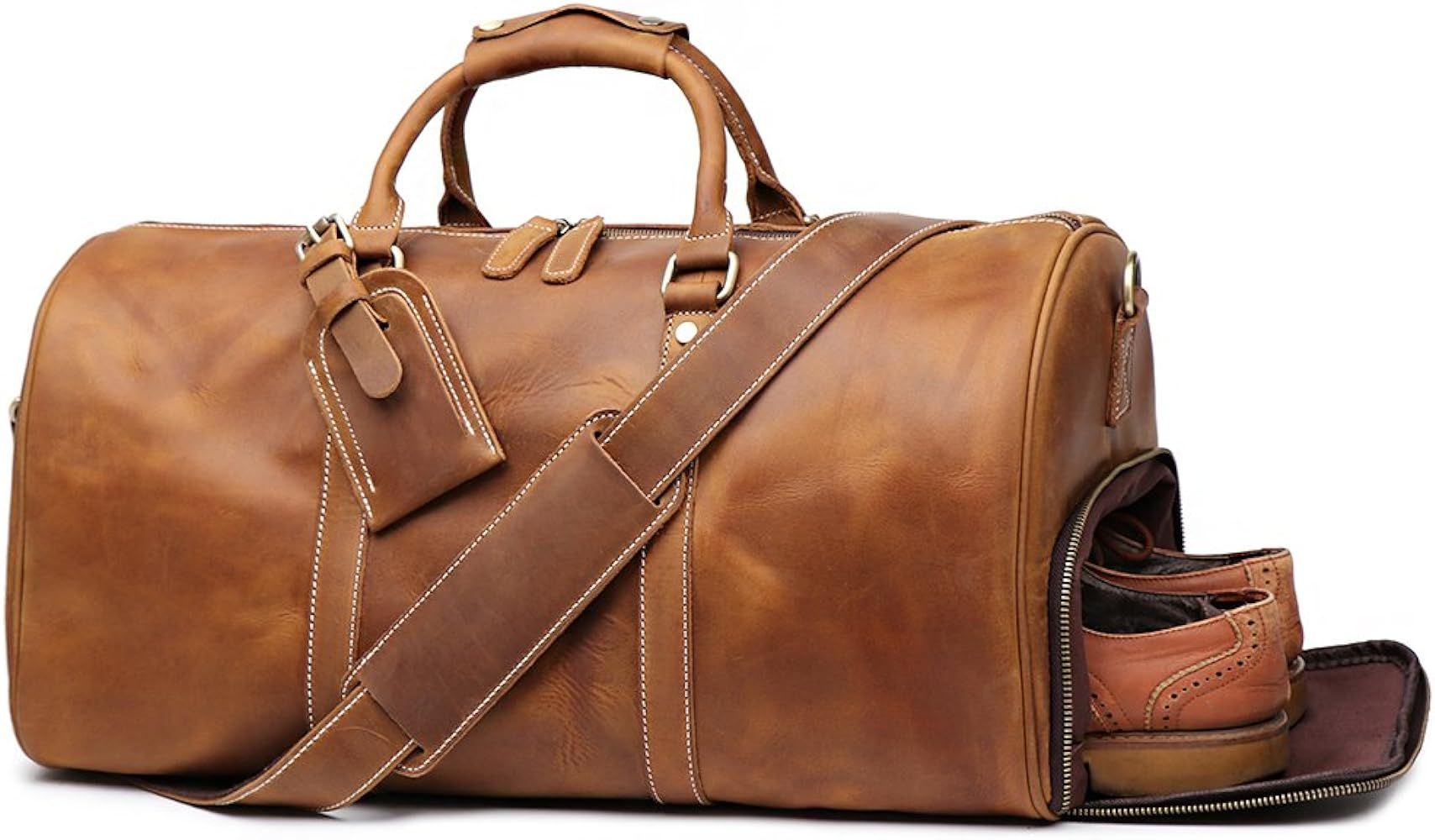 Leathfocus Leather Travel Luggage Bag, Mens Duffle Retro Carry on Handbag (Brown) | Amazon (US)