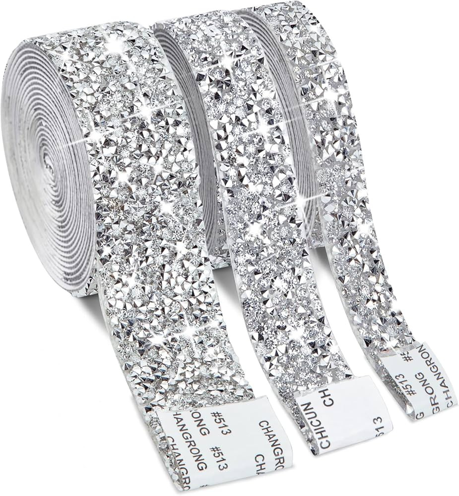 Crystal Rhinestone Ribbon Roll, 3Yards Self-Adhesive Diamond Ribbon Bling Wrap DIY Silver Rhinest... | Amazon (US)