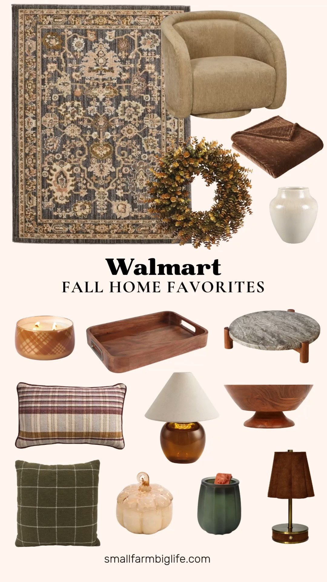 Walmart's fall home lineup is packed with cozy, layered pieces that bring warmth to every room. The Better Homes & Gardens Sienna swivel accent chair in caramel velvet is a beautiful statement piece, especially paired with the textured velvet plush throw blanket in brown wool for extra coziness.

For seating and styling, the menswear plaid lumbar pillow and the olive window pane pillow both add a classic, seasonal pattern to a sofa or accent chair. The Modern Oushak area rug in gray is a great neutral foundation for layering in warmer tones throughout the space.

Tabletop and serving pieces round things out nicely, the acacia wood serving tray and the round footed acacia wood serving bowl both bring natural texture, while the beige ceramic vase adds a simple, chic accent to any tabletop. The eucalyptus fall wreath in brown, orange, and green is a beautiful way to bring the season to a door or mantel.

For ambiance, the plaid farm apple pumpkin jar candle and the pumpkin snickerdoodle swirl candle both fill a room with cozy fall scent, and the amber glass rechargeable table lamp and the brown pleated rechargeable lamp are both cordless options for warm, portable lighting anywhere in the house. Finish with the green wax melt warmer set for an easy, flame free way to keep the season going.

#walmart #walmarthome #falldecor #fallhome #walmartfinds 

 #LTKSeasonal #LTKHome