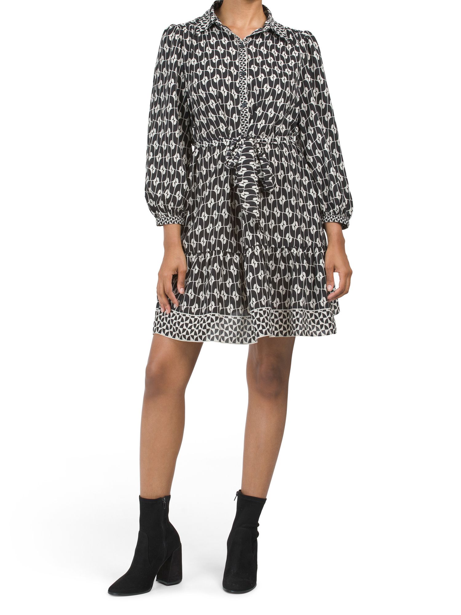 Long Sleeve  Collar Button Top Short Tiered Mini Dress | Marshalls